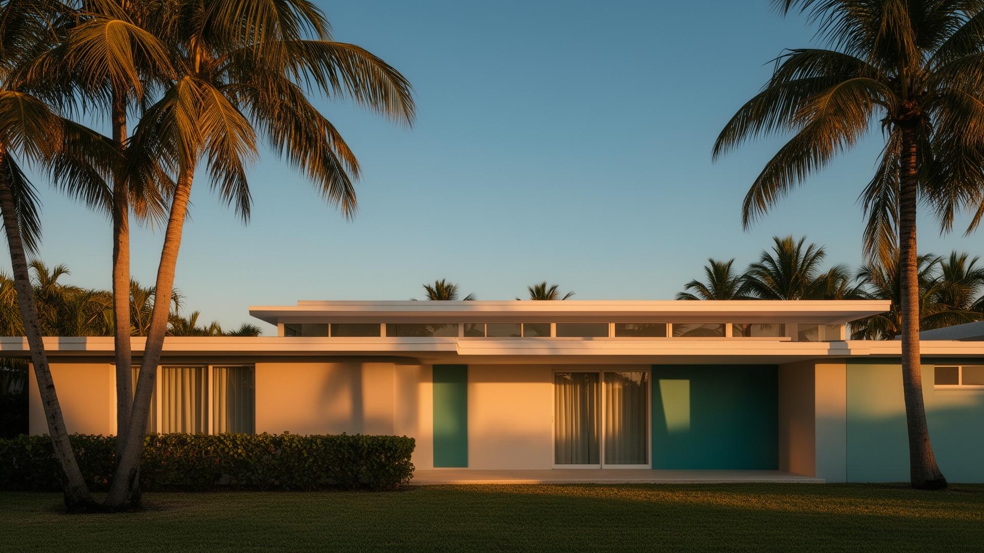 Mid-century Miami home at golden hour framed by palm trees